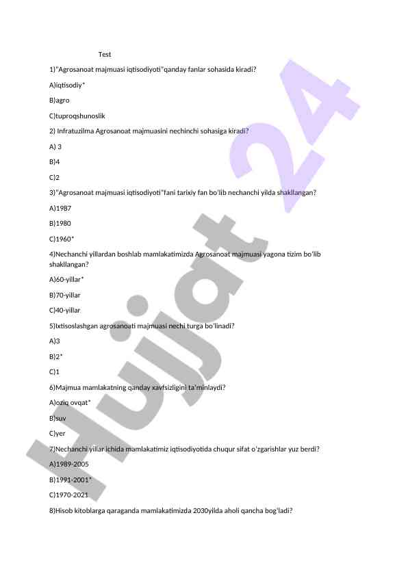Agrosanoat majmuasi iqtisodiyoti test savollari