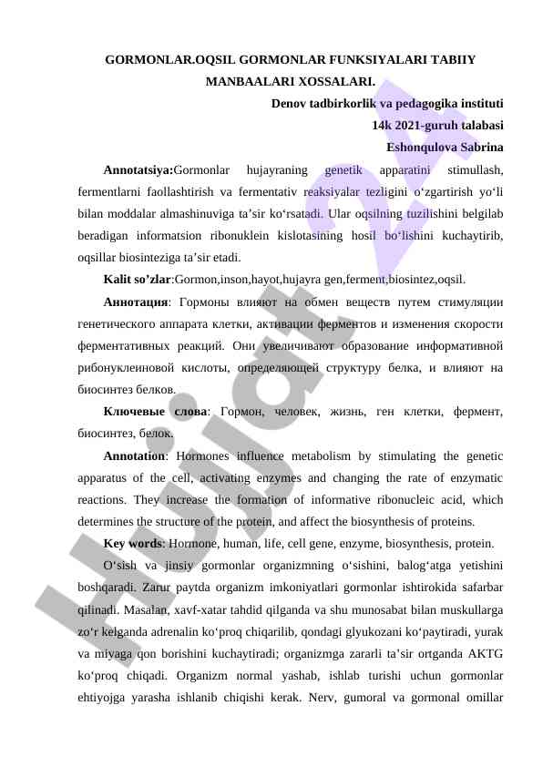 Gormonlar oqsil gormonlar funktsiyalari