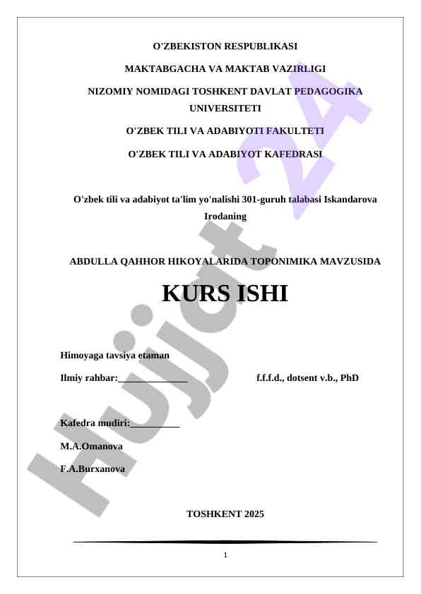 Toponimika mavzusida abdulla qahhor hikoyalari kurs ishi
