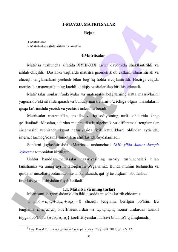 Matritsalar ustida arifmetik amallar tushunchasi
