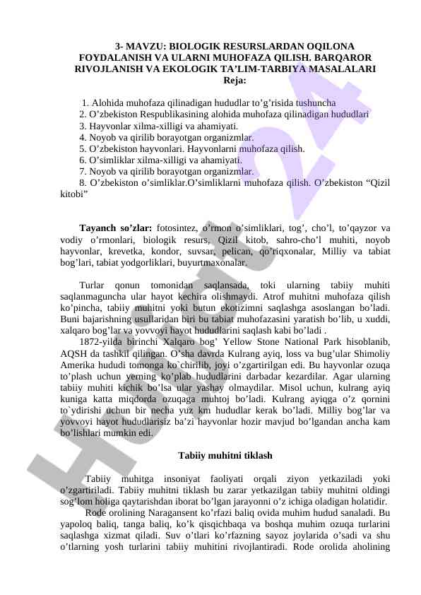 Biologik resurslardan oqilona foydalanish va muhoafa