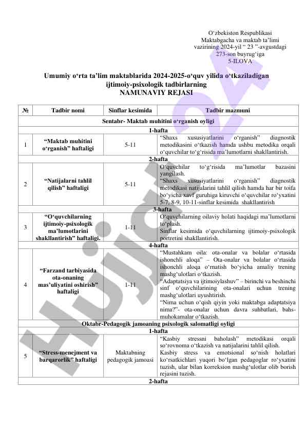 Namuna rejasi maktab taʼlimida ijtimoiy tadbirlar
