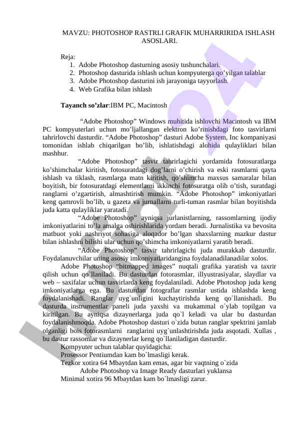 Photoshop rastrli grafik muharririda ishlash asoslari
