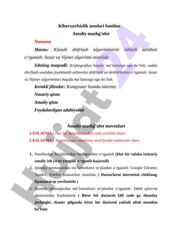 Kiberxavfsizlik asoslari amaliy mashg’ulot mavzusi