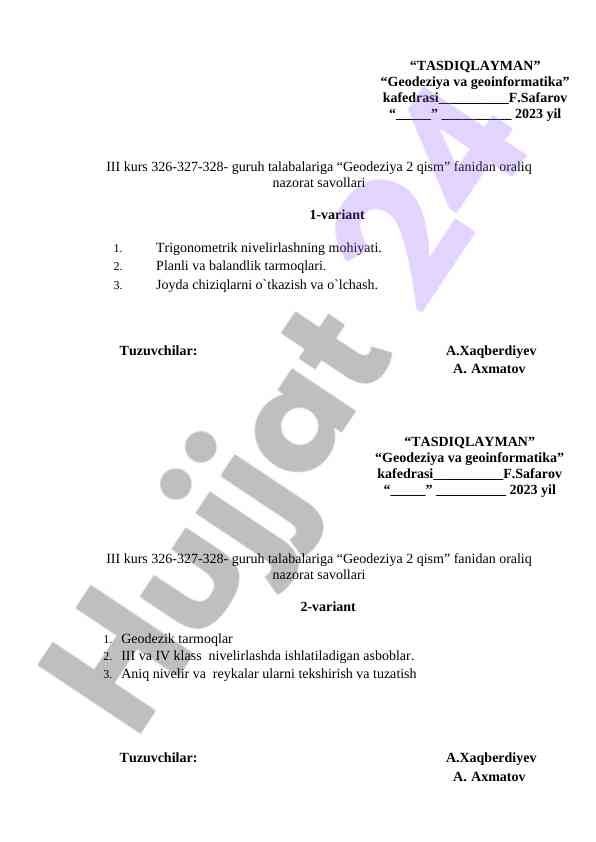 Geodeziya 2 qism fanidan oraliq nazorat savollari
