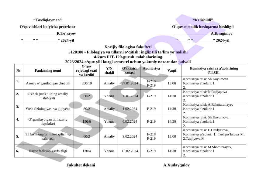 Kuzgi semestr yakuniy nazoratlar jadvali 2023/2024