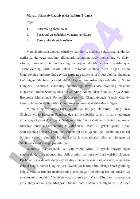 Islom sivilizatsiyasida sufizm tahlili