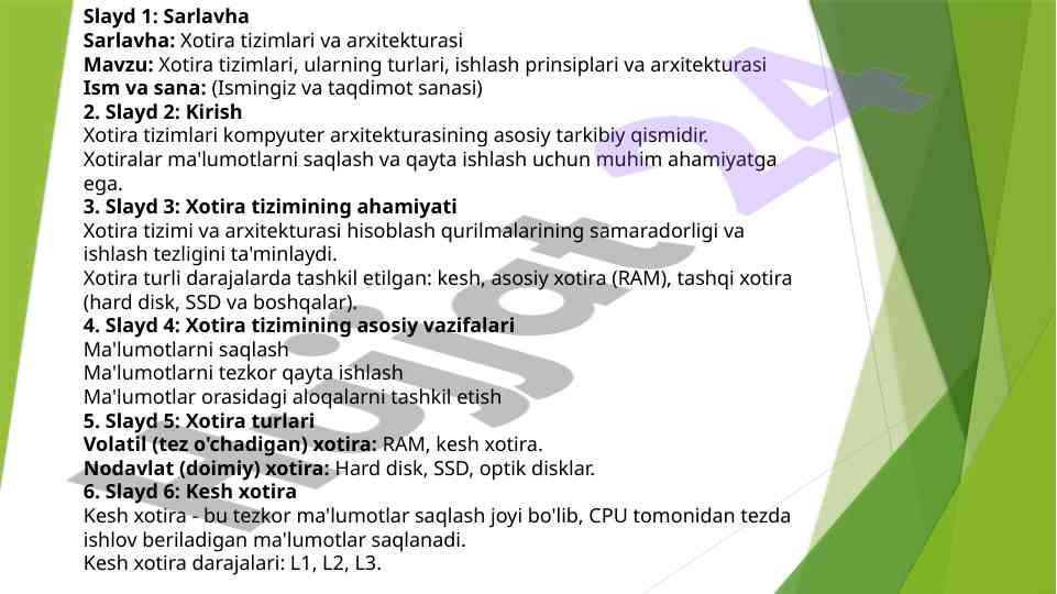 Xotira tizimlari va arxitekturasi taqdimoti