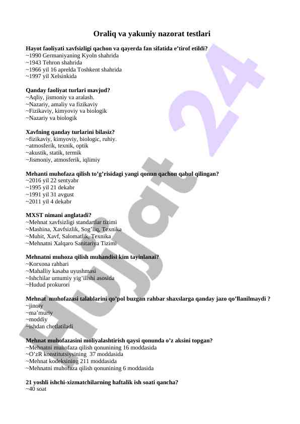 Hayot faoliyati xavfsizligi nazorati testlari