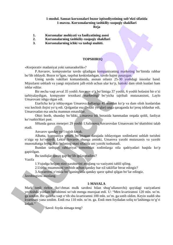 Sanoat korxonalari va ularning tashkiliy xuquqiy shakllari