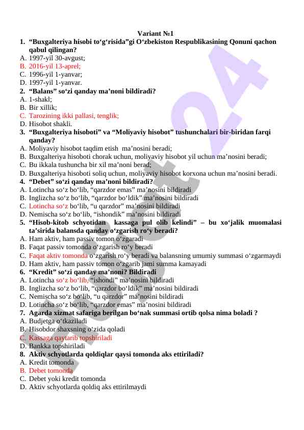 Buxgalteriya hisobi test savollari