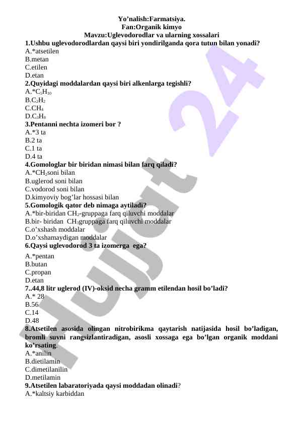 Uglevodorodlar va ularning xossalari bilan tanilish