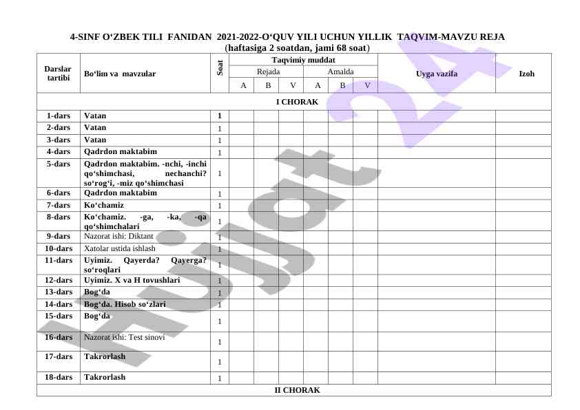 4-sinf o‘zbek tili fani yillik taqvimi 2021-2022