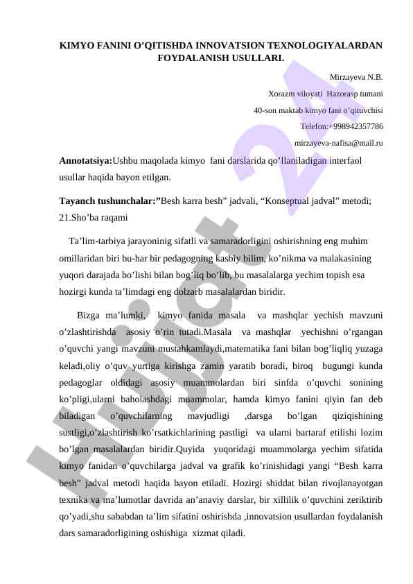 Innovatsion texnologiyalar kimyo fanida o'qitishda