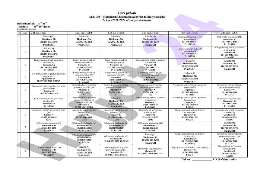 Matematika dars jadvali 2-kurs 2021-2022