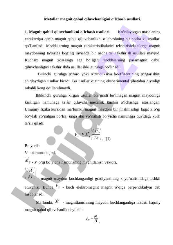 Metallar magnit qabul qiluvchanligini o‘lchash usullari