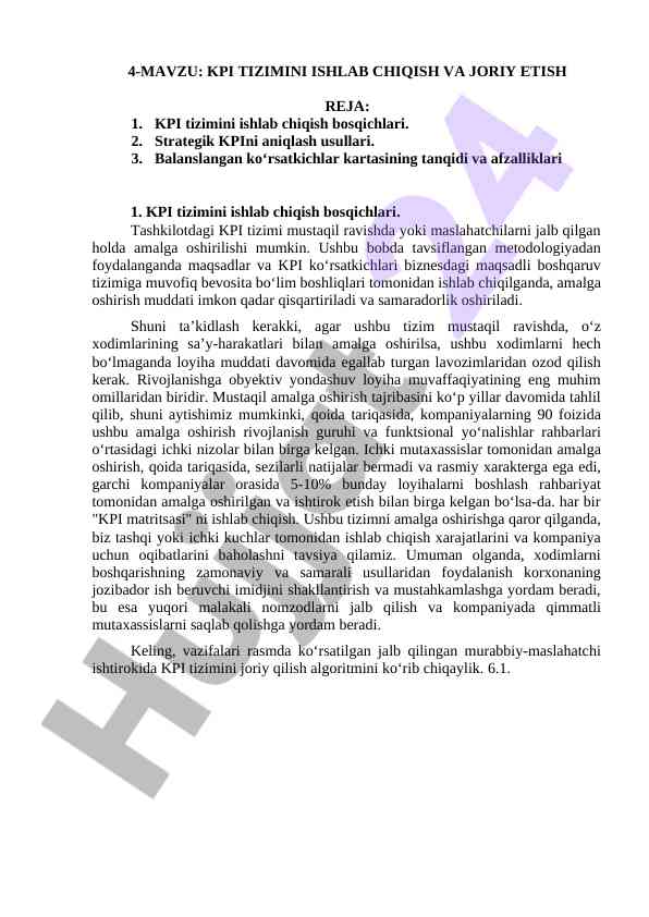Kpi tizimini ishlab chiqish va joriy etish