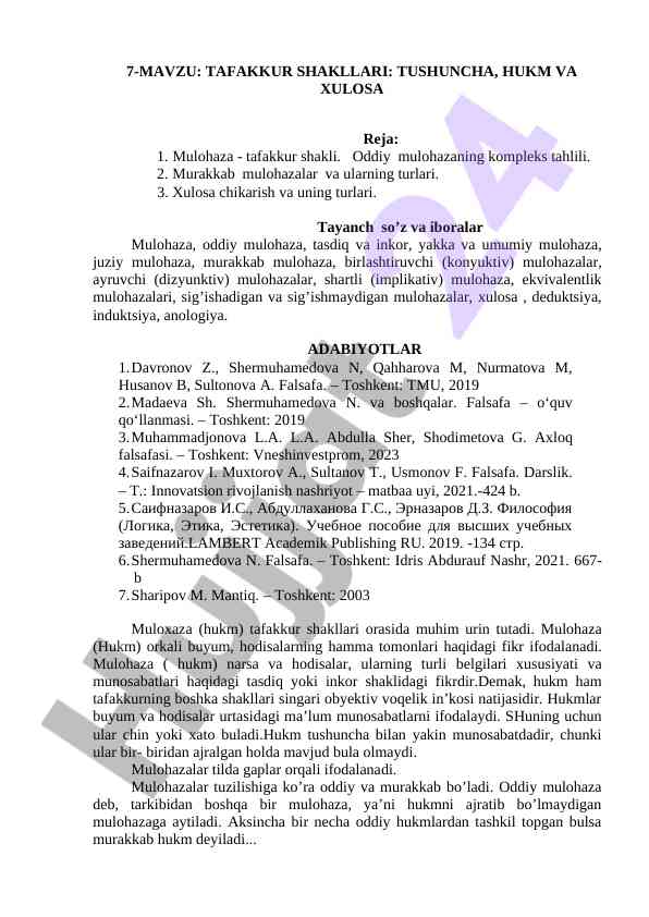 Tafakkur shakllari: tushuncha, hukm va xulosa