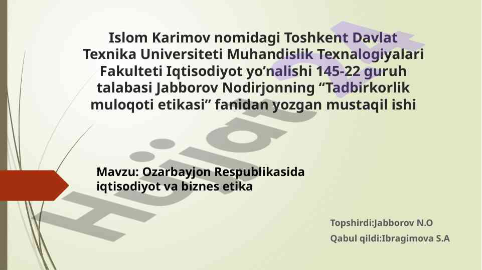 Ozarbayjon respublikasida iqtisodiyot va biznes etika