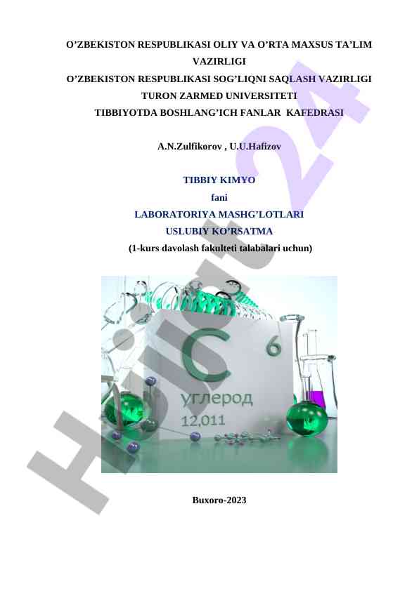Tibbiy kimyo fani uchun laboratoriya mashgʻlotlari