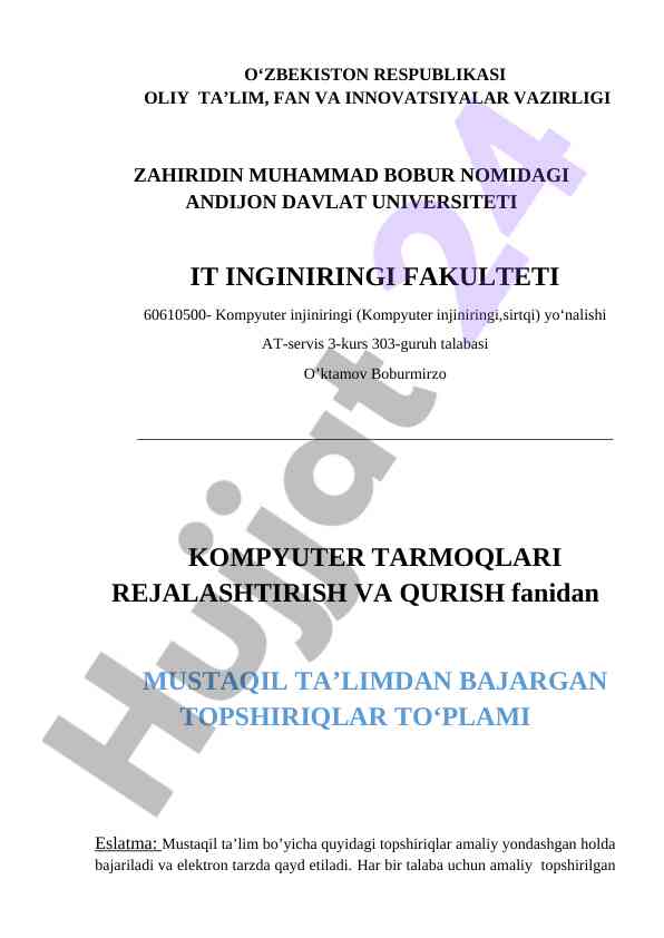 Kompyuter tarmoq rejalashtirish va qurish topshiriqlari