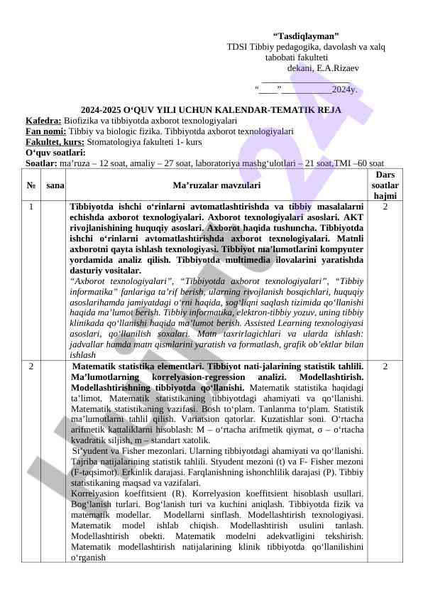 Tibbiyotda axborot texnologiyalari dars rejasi