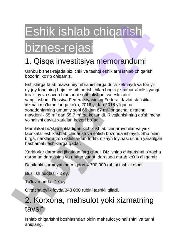 Eshik ishlab chiqarish biznes-rejasi va investitsiya