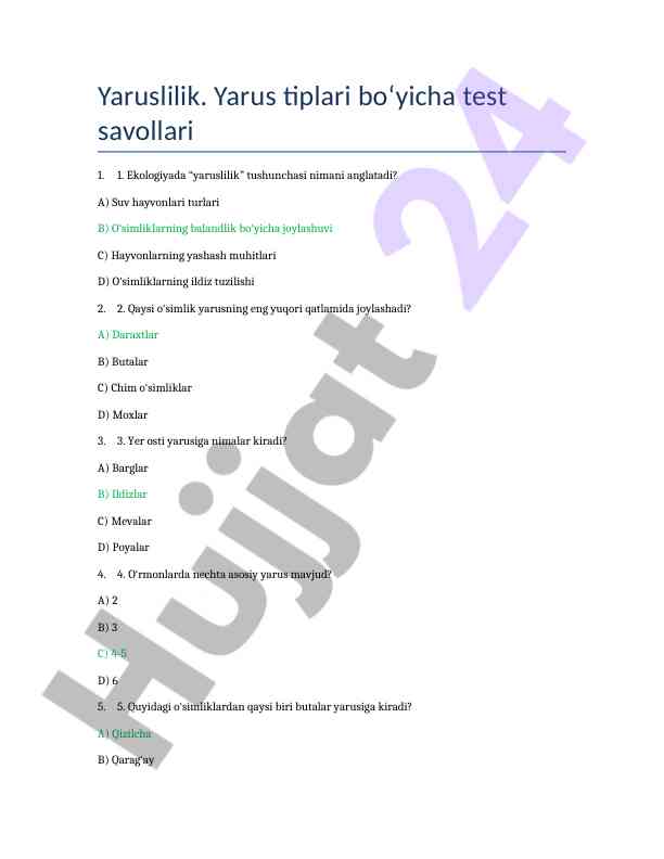 Yaruslilik tiplari bo‘yicha test savollari