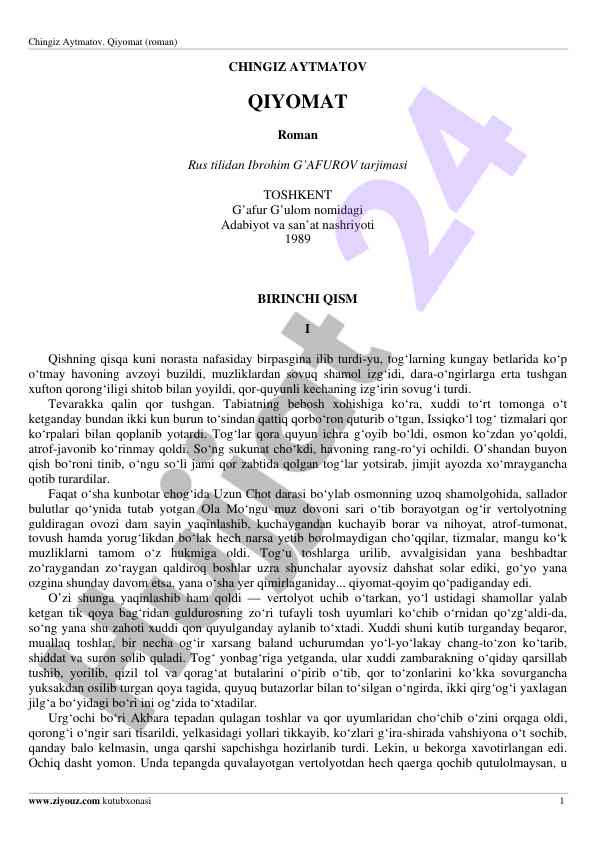 Qiyomat romanidagi qish tabiati va hissiyotlar