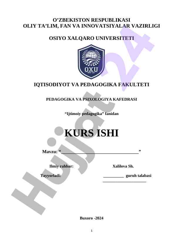 Ijtimoiy pedagogika fanidan kurs ishining mavzusi