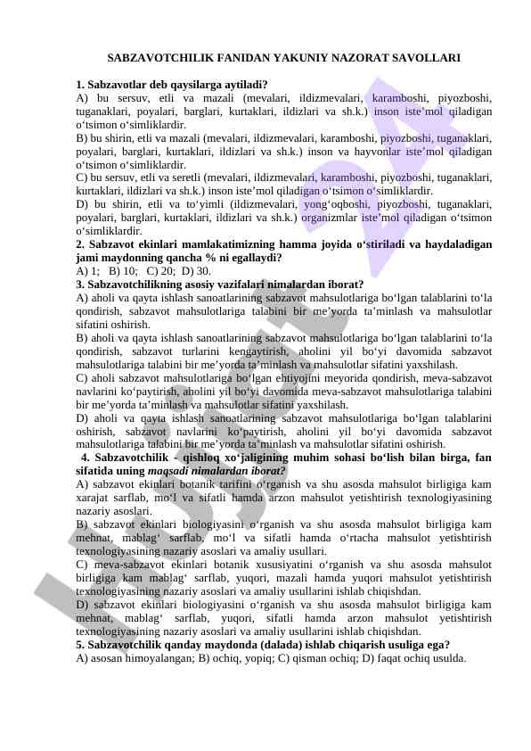 Sabzavotchilik fanidan nazorat savollari