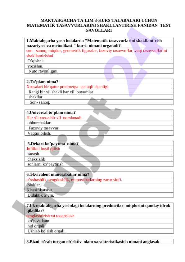 Maktabgacha ta`lim 3-kurs talabalari uchun test savollari