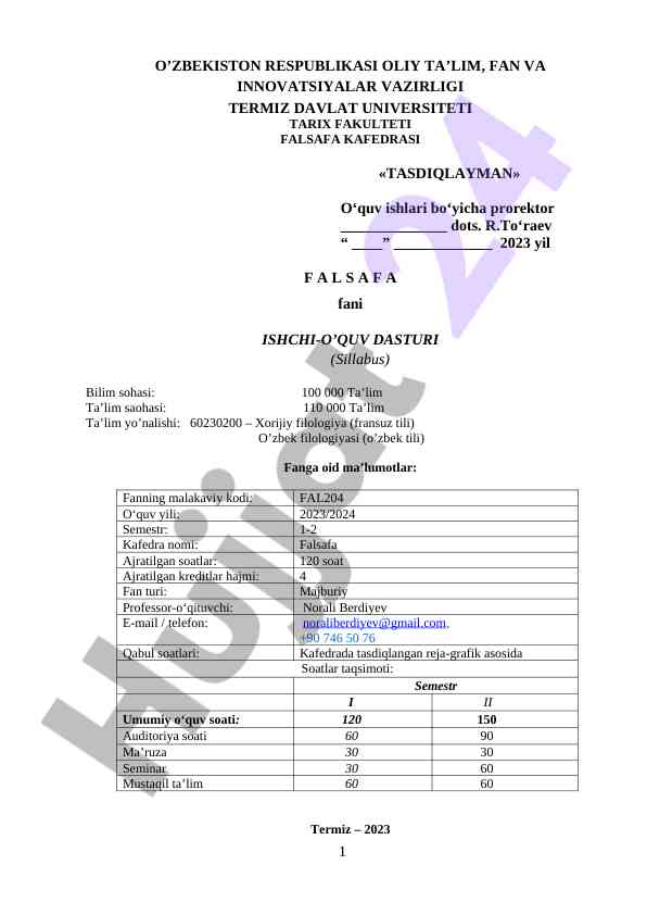 Falsafa fani ishchi-o‘quv dasturi sillabus