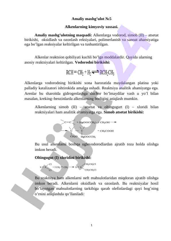 Alkenlarning kimyoviy xossalari va oksidlanishi