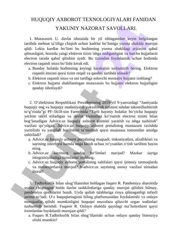 Huquqiy axborot texnologiyalari fanidan savollar