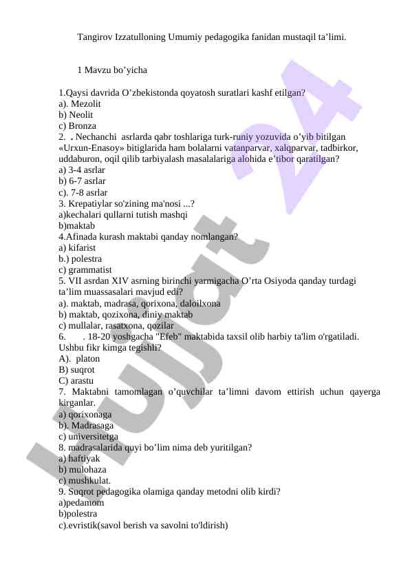 Umumiy pedagogika fanidan mustaqil ta'lim mavzulari