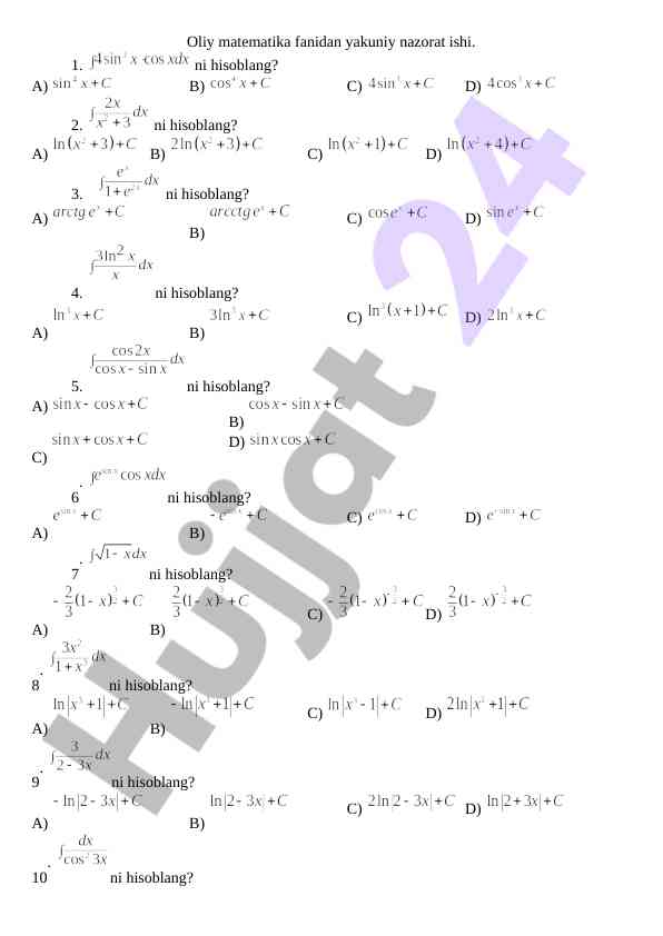 Oliy matematika fanidan yakuniy nazorat ishlari