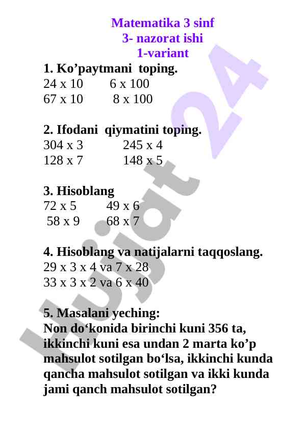Matematika 3 sinf nazorat ishi variantlarini yechish