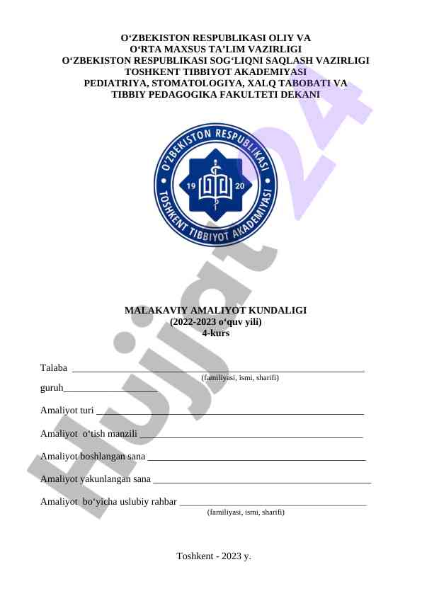 Malakaviy amaliyot kundaligi 2022-2023 o‘quv yili