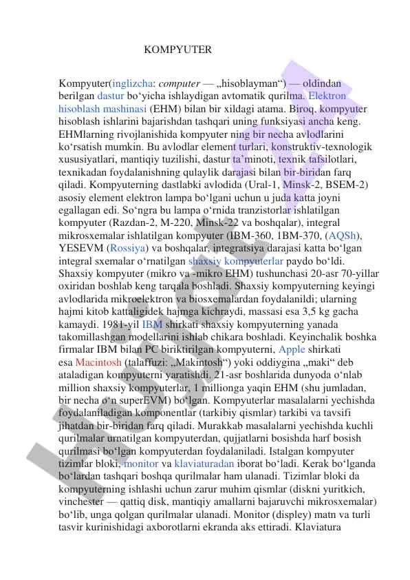Kompyuterning rivojlanishi va avlodlari