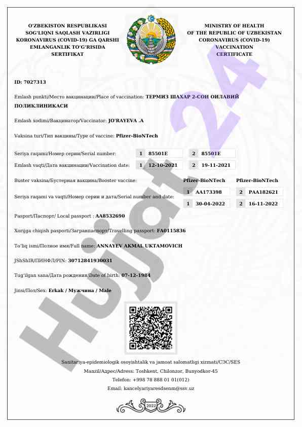 Covid-19 vaksinatsiya sertifikati toshkentda