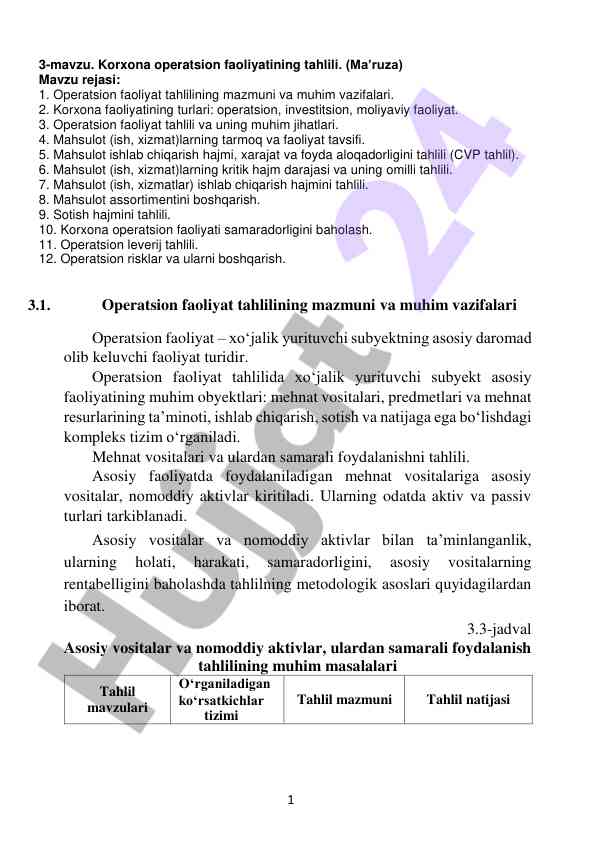 Korxona operatsion faoliyatining tahlili ma’ruzasi