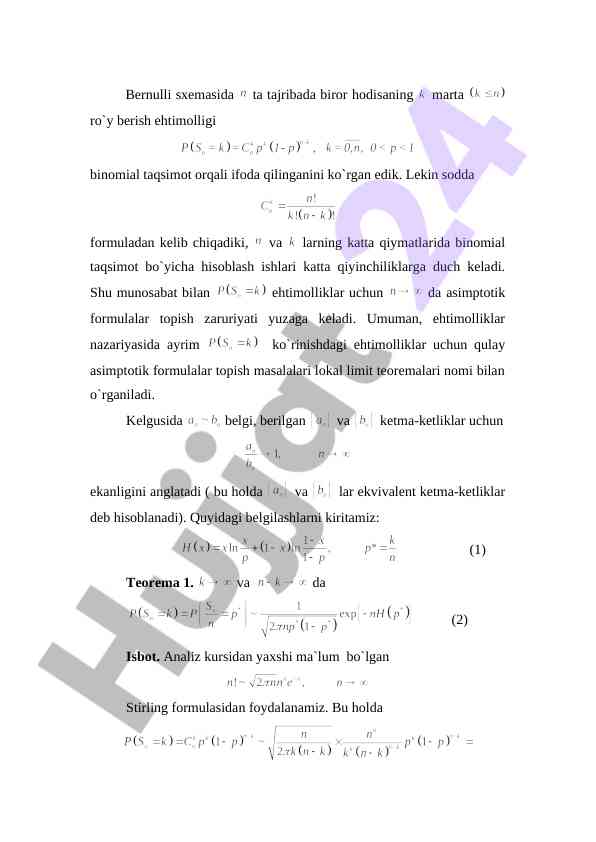 Asimptotik formulalar va ehtimolliklar nazariyasi