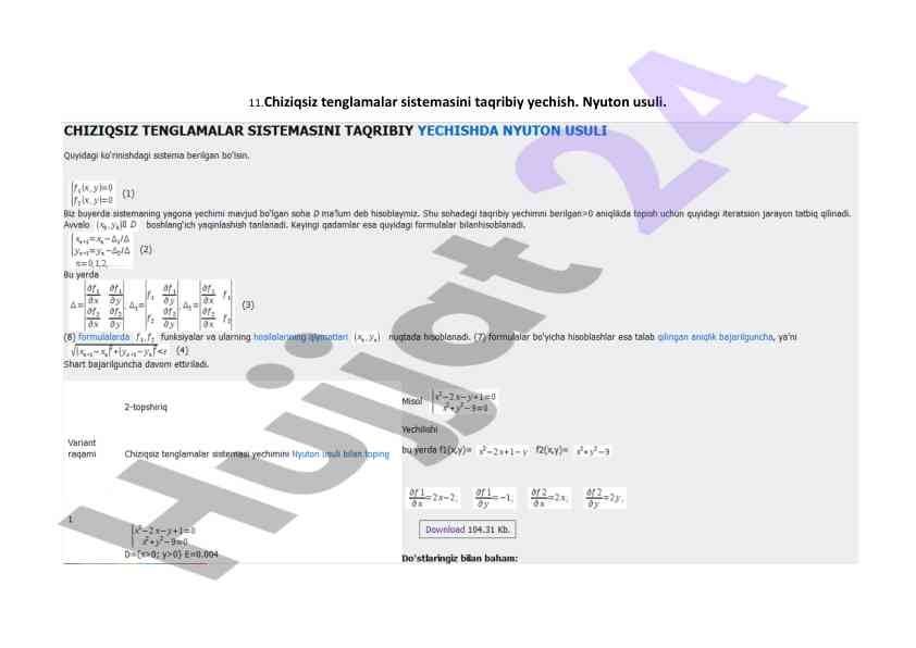 Chiziqsiz tenglamalar sistemasini taqribiy yechish