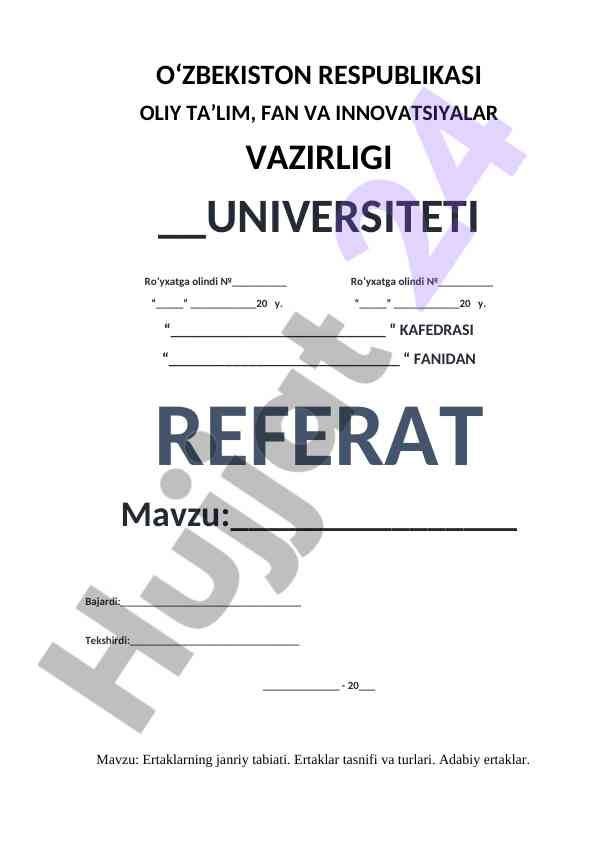 Ertaklarning Janriy Tabiati Va Tasnifi