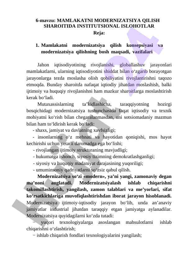Mamlakatni modernizatsiya qilish sharoitida islohotlar
