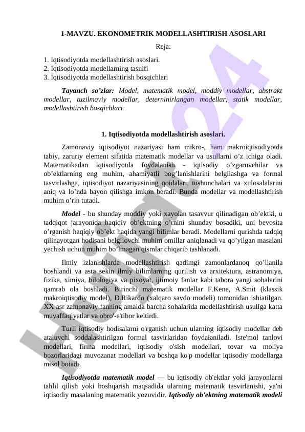 Ekonometric Modellashtirish Asoslari