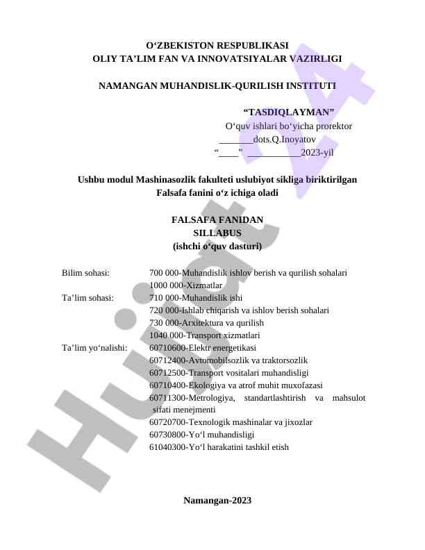 Falsafa fanidan syllabus ishchi o‘quv dasturi