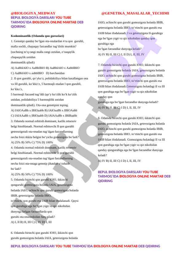 Kodominantlik va qon guruhlari tafsili o‘qituvchilar uchun