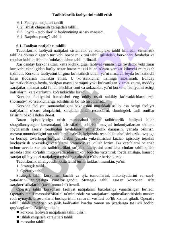 Tadbirkorlik faoliyatining tahlili va natijalari